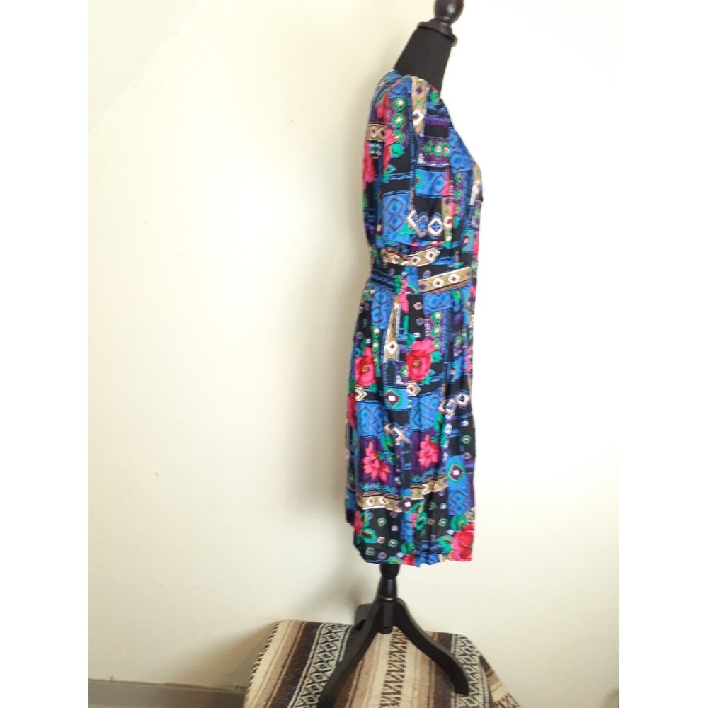 Vtg 80's Special Effects Midi Dress MP Black Floral Aztec Vibrant Smocked Rayon - Picture 2 of 13